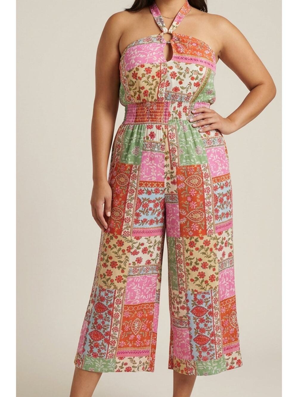 Lucky Brand Seville Crop Halter Jumpsuit Pink Multi Patchwork Boho M